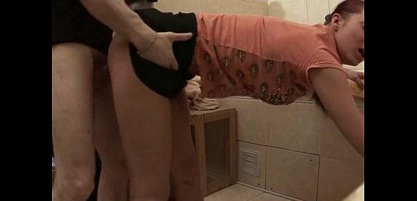 Hot college chick bathroom deep throat and fuck from behind